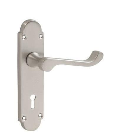Image of Golden Grace Victorian Scroll Door Handle on Shaped Backplate Lever Lock in Satin Brushed Chrome Finish