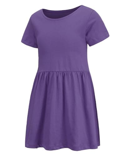 Image of Aisyee Girls Dress Cotton Short Sleeve Casual Purple Dresses for Girls Kids Twirly A-line Skater Dresses for School Party Age 9-10 Years