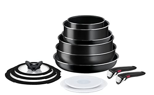 Image of Tefal Ingenio Easy On 13 Piece Pots & Pans Set, Stackable, Non-Stick Coating, Heat Indicator, Removable Handle, All Hobs Compatible Except Induction, L1599243, Black