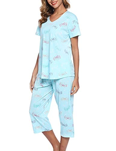 Image of ENJOYNIGHT Womens Pyjamas Short Sleeve Top and Cropped Bottoms Pjs Set Cotton Loungewear Cute Print Nightwear (3X-Large,Blue Flying)