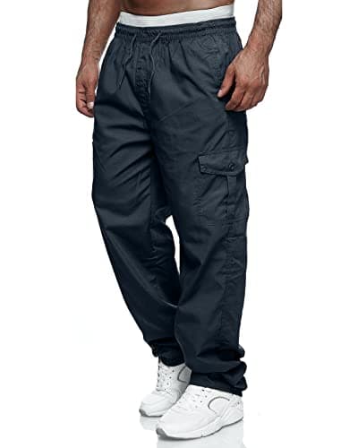 Image of VANVENE Mens Cargo Work Trousers Lightweight Cotton Casual Jogger Elastic Waist Drawstring Outdoor Pants with Pockets Navy