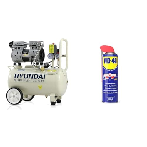 Image of Hyundai HY7524 24 Litre Air Compressor, 5.2cfm/100psi, Silenced & WD-40 Multi-Use Smart Straw 450ml Spray Aerosol Can Clean Rust Lubricant, Blue