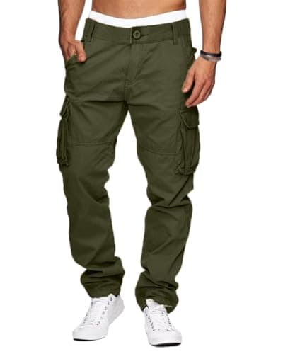 Image of YAOHUOLE Cargo Trousers for Men Combat Work Pants Mens Cargos Pants Casual Outdoor Trousers with Multi Pockets Army Green M-32
