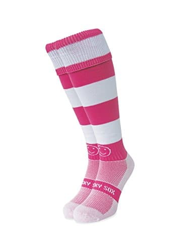 Image of WackySox - Pink and White Hoop Rugby Socks, Sports Socks for Men and Women, Mens Socks, Perfect Socks for Riding, Football, Running, Hockey and other Sports Activities