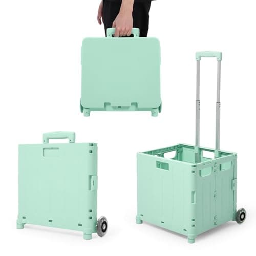 Image of The Fellie 65L Foldable Shopping Trolley with Lid, Boot Cart with Wheels & Telescopic Aluminium Handle, 45KG Capacity Portable Collapsible Utility Trolley Box for Shopping Storage Travel, Green