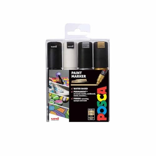 Image of POSCA PC-8K Broad Chisel Tip Acrylic Paint Marker Pens, 4 Mono Colours, For All Surfaces (Pack of 4 Pens)