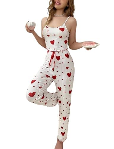 Image of Gatamiau Women’s 2 Pieces Heart Print Pajama Set Sleeveless Cami Top + High Waist Pants, Comfortable Trousers Pjs Set Soft Loungewear Cute Sleepwear Set (UK, Alpha, L, Regular, Regular, White+Red)