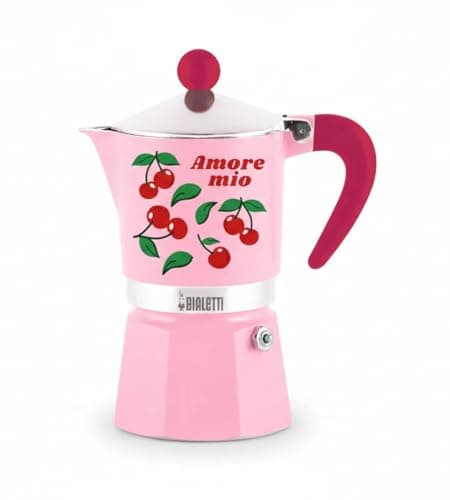 Image of Bialetti Amore Mio Rainbow 3-Cup Moka Pot, Red with Cherries, Aluminum, 130 ml, Manual Espresso Preparation