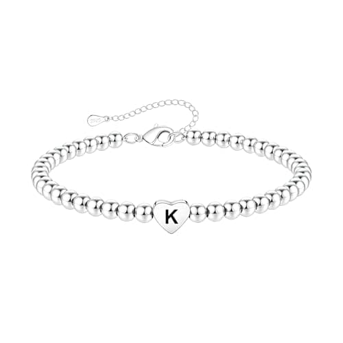 Image of DORANA Sterling Silver Bracelet For Women Silver Initial Heart Bracelet Non Tarnish 925 Beaded Bracelets For Women Girls Hypoallergenic Friendship Daughter Bracelets,K