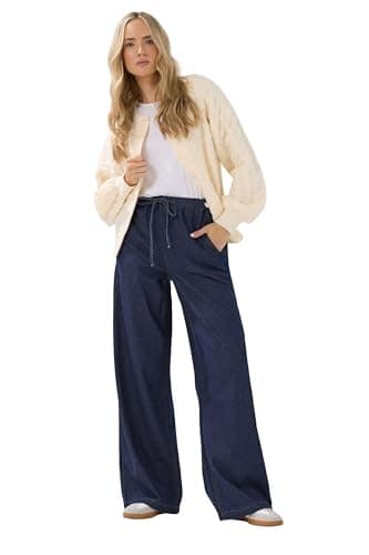 Image of Long Tall Sally - LTS Tall Blue Cotton Tie Waist Wide Leg Jeans - Women's