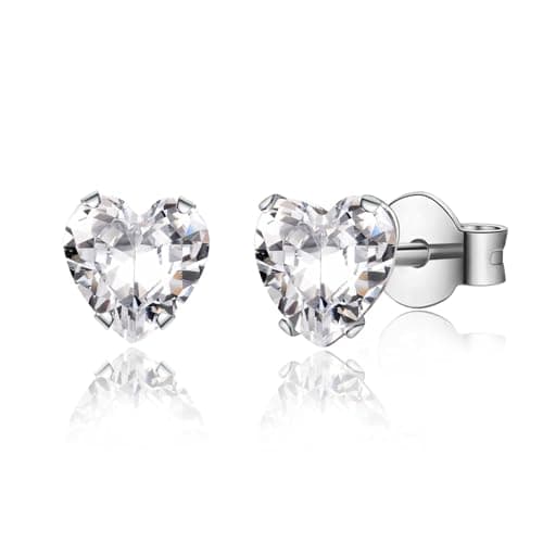 Image of CERSLIMO Silver Earrings for Women Girls - 5mm Cubic Ziirconia Stud Earrings, Titanium Steel Hypoallergenic Earrings | Small Silver Heart Stud Earrings Cartilage Tragus Sleeper Earrings, White