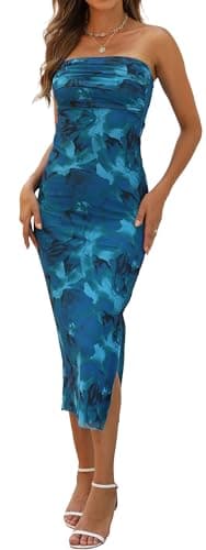 Image of Maeau Women's Y2K Mesh Dress Printed Bodycon Dresses Lightweight Strapless Outfits Long Slit Outfit Party Tube Dress Blue S