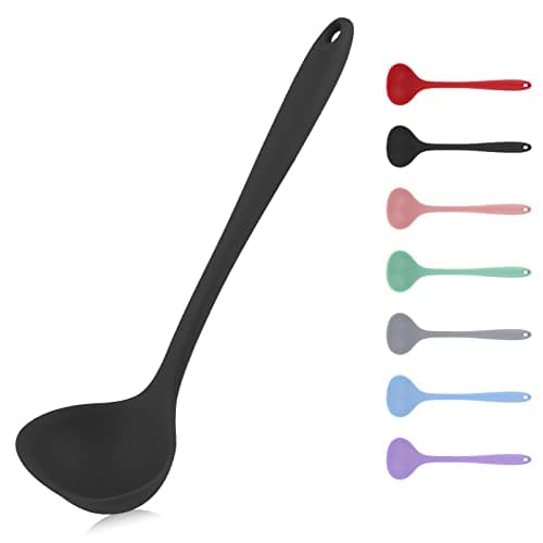 Image of Black Silicone Non-stick Soup Spoon with Non-slip Handle - Small Gravy Ladle