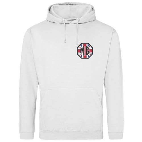 Image of MG Union Jack Badge Hoodie Classic British Sports Car Enthusiast OFFICIAL LICENCED PRODUCT (UK, Alpha, L, Regular, Regular, White)
