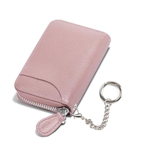 Image of Credit Card Holder Small RFID Blocking Ladies Wallet with Stainless Steel Zipper Excellent Genuine Leather Accordion Wallets Case for ID Compact Slim Blocked Zip Accordian Cards with Keyring Pink