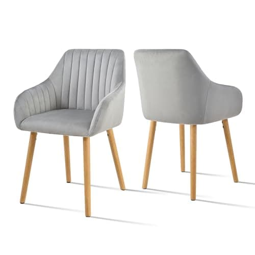 Image of Goeurvant Dining Chairs Set of 2, Modern Kitchen Chairs with Backrest & Wooden Legs, Upholstered Armchairs for Living Room, Dining Room, Study, Velvet Fabric, Light Grey