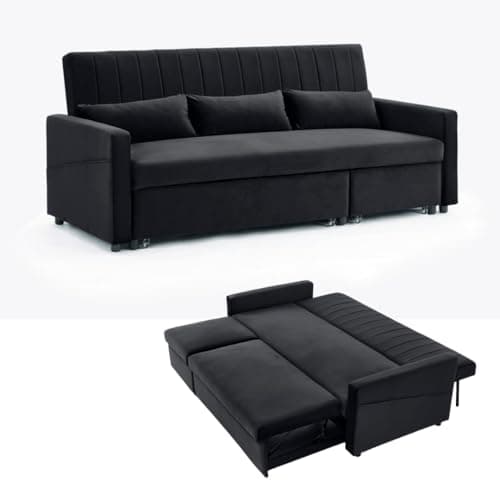 Image of Home Detail 3 Seater Sofa Bed Pull-Out Grey Blue Velvet Grey Linen Storage Chaise (Black Velvet)