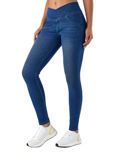 Image of LaiEr Women V Crossover Skinny Jeans High Waist Tummy Control Casual Fitness Leggings,Supple Elasticity Casual Denim Pants uitable for Yoga,Fitness,and Leisure,with Side Pockets.(DarkBlue,M)