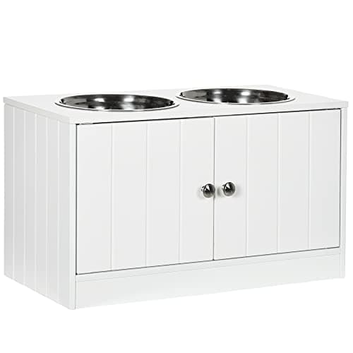 Image of PawHut Raised Dog Bowls for Large Dogs Pet Feeding Station w/Stand, Storage, Two Stainless Steel Bowls - White
