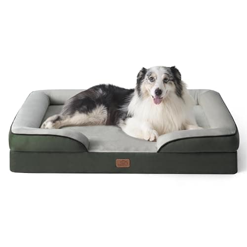Image of Bedsure Extra Large Dog Sofa Bed - Washable Orthopedic Dog Beds and Couch with Removable Flannel Zipper Cover, XL Waterproof Human Dog Bed, Dark Green Squre Pet Bed, 106x80x16cm