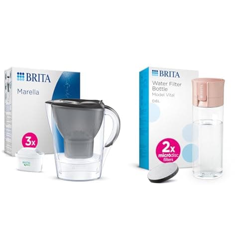 Image of BRITA Marella Water Filter Jug Graphite (2.4L) Starter Pack incl. 3x MAXTRA PRO All-in-1 cartridge & Water Filter Bottle Apricot (600ml) - portable water filtration bottle for hydration