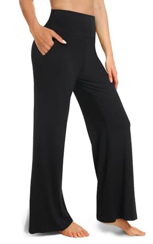 Image of BLONGW Yoga Pants for Women Wide Leg Trousers UK–High Waist Work Casual Pants with Pockets, Black Womens Trousers, Straight Loose Leggings for Sports & Gym, Petite Fit,Holiday Wear（Samll）