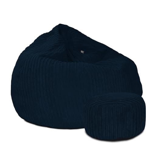 Image of rucomfy Beanbags Slouchbag Large Corduroy Bean Bag Chair - Adult Bean Bag with Filling - Home Furniture Seating for Living Room or Bedroom - Machine Washable - 80 x 110cm (Navy, with Footstool)