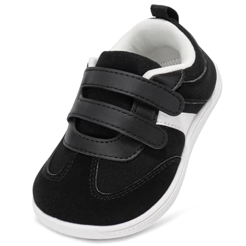 Image of STQ KIDS Boys Girls Wide Fit Trainers Toddler Kids School Shoes with Hook and Loop Zero Drop First Walking Shoes Lightweight Non Slip Casual Sports Running Tennis Sneaker Black White UK 7 / T7