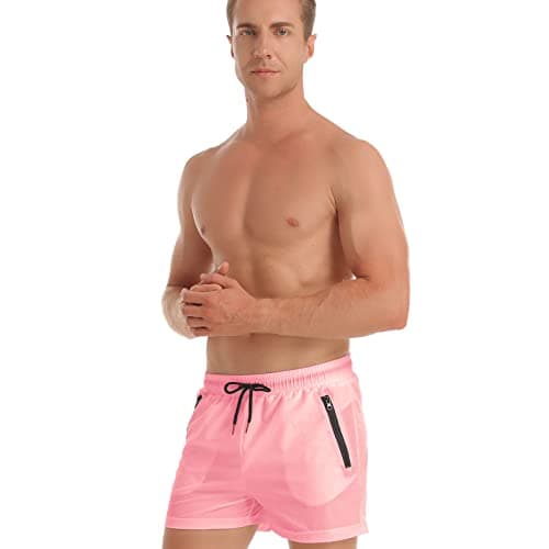 Image of TMEOG Swimming Trunks Men Swim Shorts Board Shorts Quick Dry Men's Swimwear with Zipper Pockets & Mesh Lining(#2 Pink, M)