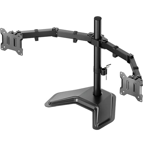 Image of monTEK Stable Freestanding Dual Monitor Stand for 17–32” Computer Screens, Heavy-Duty Desk Mount with 10kg per Arm, Fully Adjustable Brackets and Arms, Solid V-Shaped Base, VESA 100×100mm Max