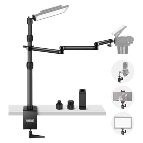 Image of NEEWER Upgraded Overhead Camera Rig with Trifold Camera Boom Arm (Max Load 2lb), 47"/1.2m Telescopic Desk Mount Stand (Max Load 8.8lb) with Phone Clamp Ball Head for LED Light Webcam Mic, TL253A+MH022