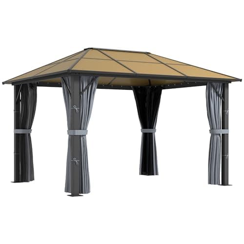 Image of Outsunny 3 x 3.6m Hardtop Gazebo Canopy with Polycarbonate Roof, Aluminium Frame, Permanent Pavilion Garden Gazebo with Netting and Curtains - Grey