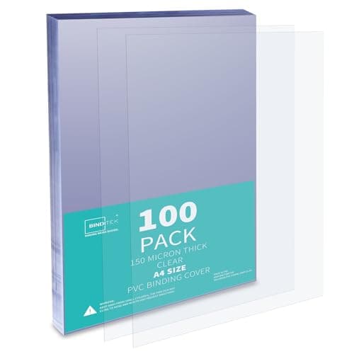 Image of Binditek 100 Pack 150 Micron A4 Binding Covers, PVC Clear Binding Covers, Square Corners, Un-Punched, Office and School Supplies