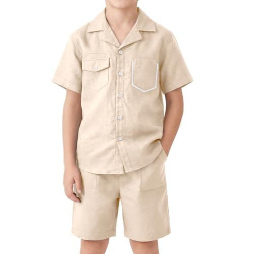 Image of LOLANTA Boys Cotton Linen Shorts Set, Kids Summer Outfit Short Sleeve Button Down Shirt and Shorts, Breathable Casual 2-Piece Clothing Set for Boys(Lightkhaki, 9-10 Years, 140)