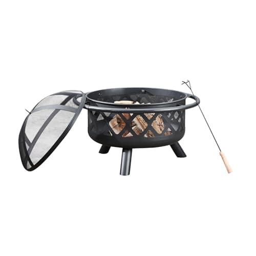 Image of Teamson Home Large Outdoor Garden Round Wood Burning Fire Pit, Outdoor Furniture Chimenea, Firepit Heater, Metal Log Burner Fire Bowl with Lid & Poker