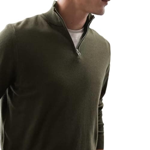 Image of MATINEE Mens Fine Knitted Luxury Supersoft Cashmere-Like Crew Neck/V Neck/Zip Neck Sweaters, Fine 12 Gauge Knit Structure (UK, Alpha, M, Regular, Regular, Olive Green, 1/2 Zip Neck)