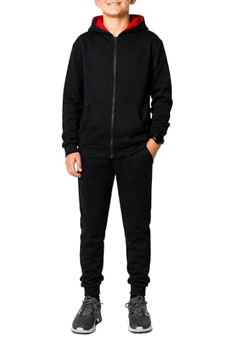 Image of NOROZE Kids Unisex Contrast Fleece Gym Sports Joggers Full Tracksuit Set Boys Girls Hoodie casual loungewear loose-fit sweatpants Ribbed cuffs (Black Red, 11-12 Years)