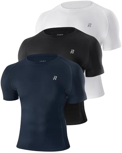 Image of Runhit Men's Compression Short Sleeve T-Shirt, 3 Pack Black/White/Navy Sports Undershirt, Quick Dry Breathable Compression Tops for Cycling Running Gym L