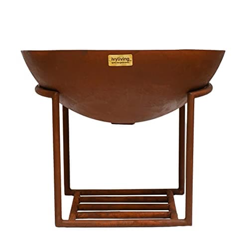 Image of Ivyline Round Cast Iron Fire Pit in Rust with Geometric Stand - UV Stable & Contemporary Outdoor Firepit - H49 x W80cm