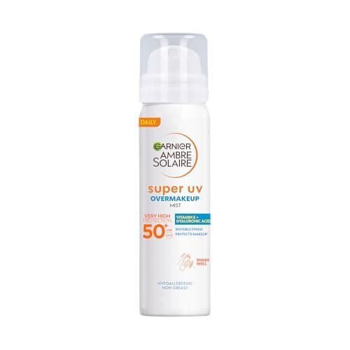 Image of Garnier Ambre Solaire Sun Cream Spray, Over Makeup Super UV Protection Mist SPF50+, with Hyaluronic Acid and Vitamin E, Light Texture, Invisible Finish, Non-Greasy, Hydrates Skin 75ml