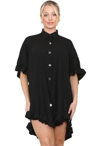 Image of Women’s Pleated Frill Hem Shirt Dress – Short Sleeve Oversized Summer Mini Dress with Gold Buttons – Casual Loose Fit Collared Tunic, One Size (UK 8-22) (UK, Numeric, 8, 24, Regular, Tall, Black)