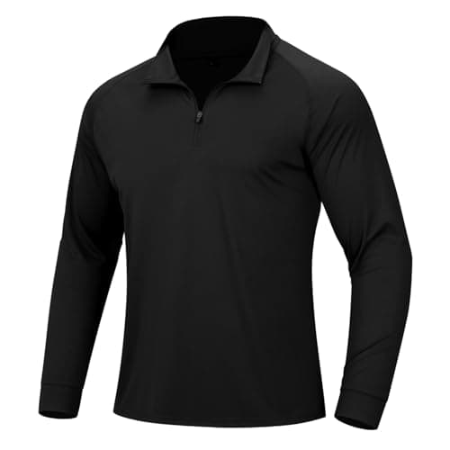 Image of DEHORU Men's Long Sleeve Sports Shirts 1/4 Zip UPF 50+ Rash Guard Sun Protection Quick Dry Pullover UV Shirt Lightweight Breathable Outdoor Hiking Golf Shirt Running Tops (BK M) Black