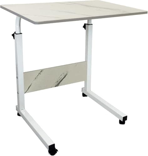 Image of simpa Height Adjustable Mobile Laptop Table Workstation with Metal Frame & Rolling Castors - White Marble