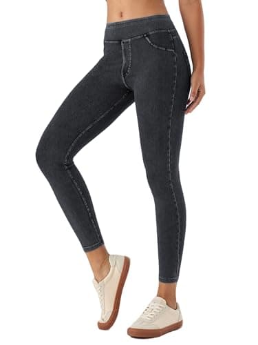Image of LaiEr Women Skinny Jeans Cropped Tights Legging Mid-Rise Pull on Tummy Control Casual Fitness, Highly Elasticity Soft Fabric Casual Faux Denim Print Cropped Tight Yoga Pants(Dark Greys)