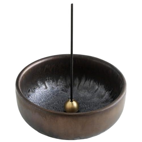 Image of Asayu Japan Zen Incense Holder – 3.9" (100 mm) Ceramic Incense Bowl with Brass Burner, Made in Japan Mino Ware, Modern Wabi-Sabi Style in Metallic Black, Brown & Gold