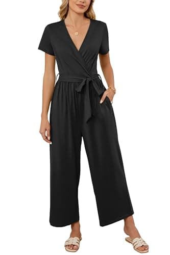 Image of OUGES Summer Jumpsuits for Women UK Black Short Sleeve Casual Jersey Playsuit With Pockets, M