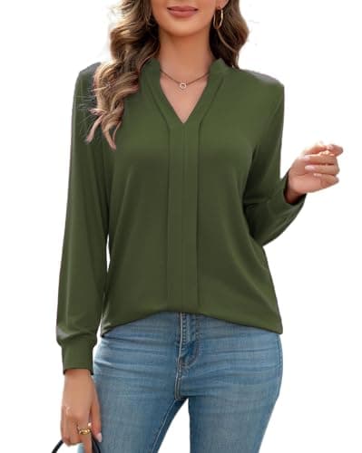 Image of FaerieFlair Long Sleeve Tops Women, Shirts for Women UK, Blouses for Women UK, Plain V Neck Pleated Front Loose Fitting Evening Tops Army Green XL