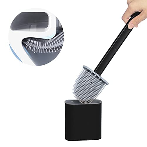 Image of JIMACRO Toilet Brush, Bendable TPR Silicone Toilet Brush Head Deep Clean Toilete Dead Space, Loo Brush with No-Slip Long Splittable Plastic Handle, Flooring/Wall Mounted Bowl Buddy Toilet Brushes