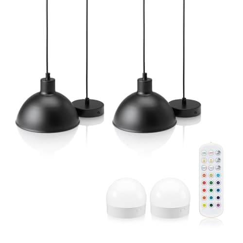 Image of Auraglow Rechargeable Wireless Pendant Light with Remote – Cordless, Battery-Powered, Dimmable, Colour-Changing (Black, 2 Lamps, 2 Light Sources, 1 Remote)