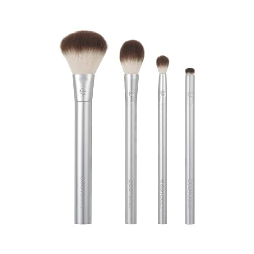 Image of EcoTools Precious Metals Cheek & Eye Highlight Makeup Brush Kit, for Eyeshadow, Blush, & Powder Products, Eco Friendly, Vegan, Cruelty Free Face Brushes, Recycled Aluminum, Chrome, 4 Piece Set